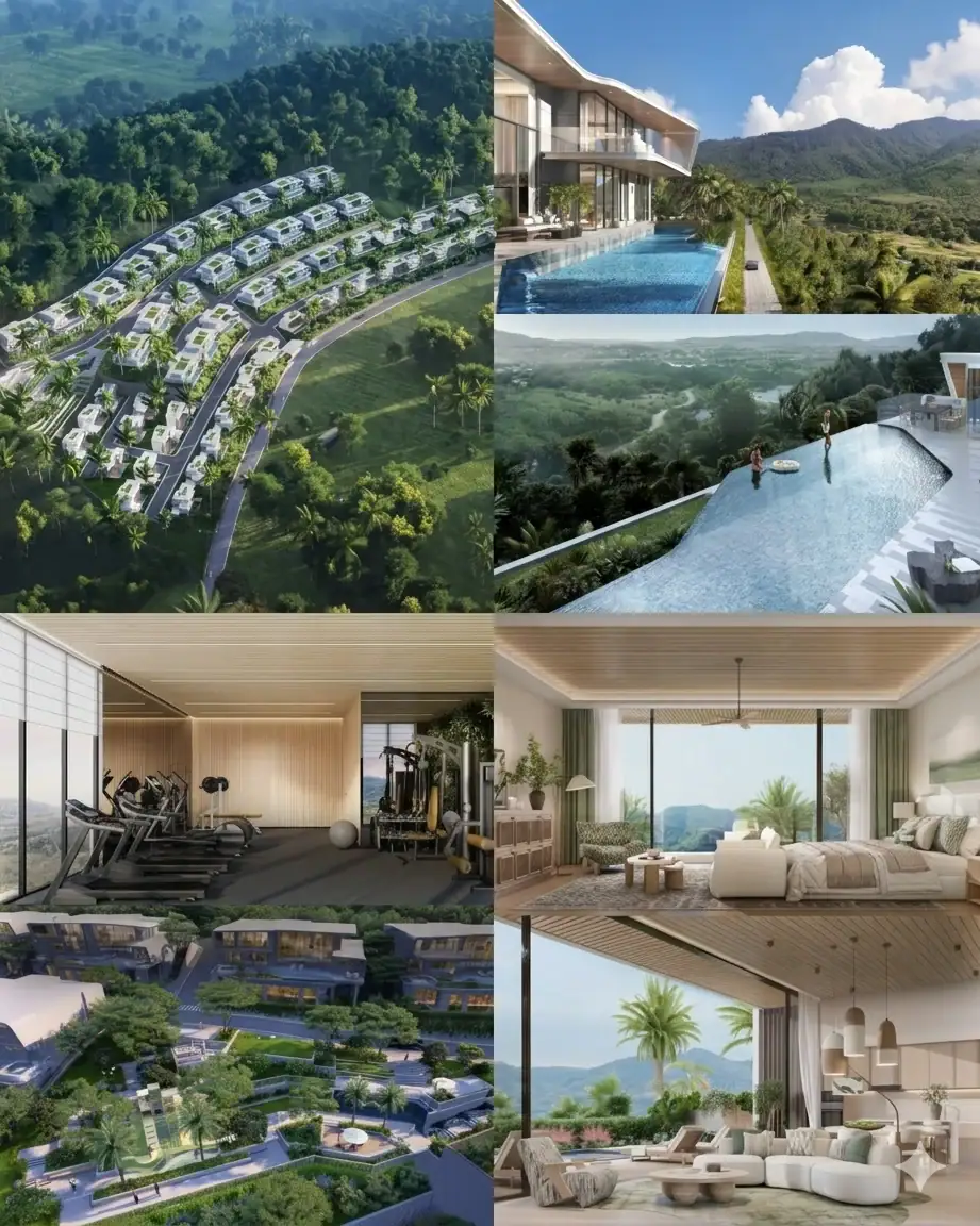 Luxury property development with scenic mountain and forest views, modern architecture, and private.