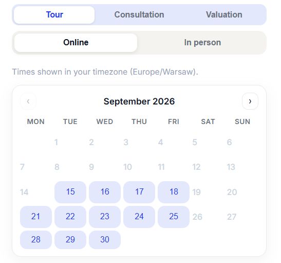 ClubProperty online booking calendar with available viewing times