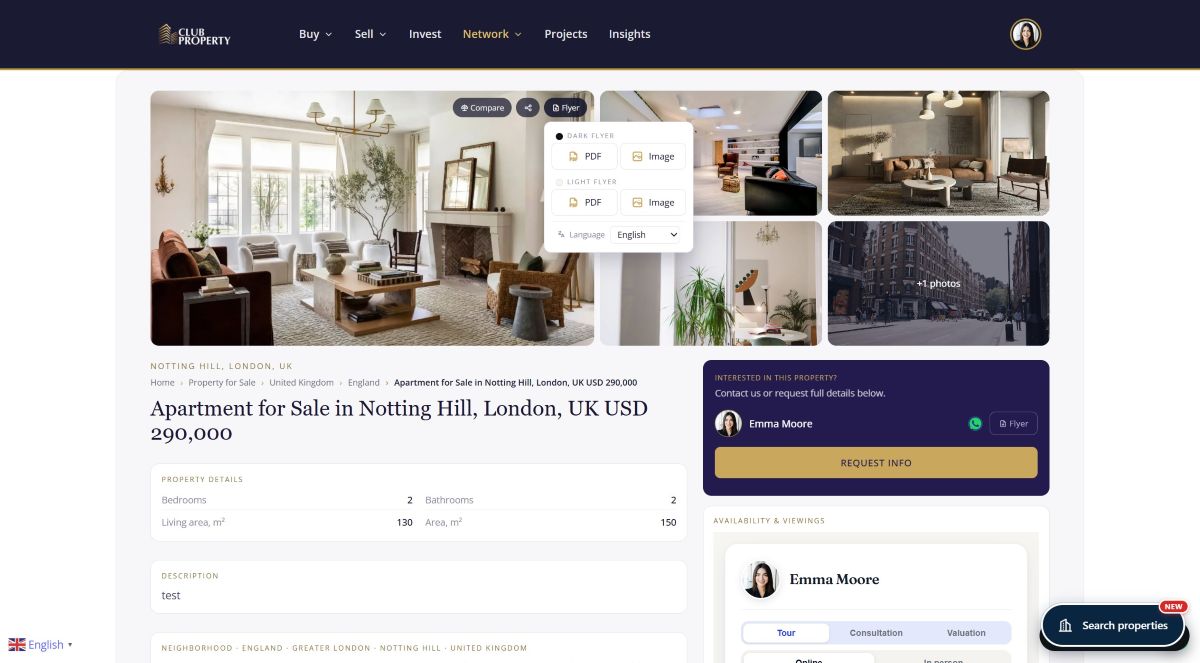 Choosing language and theme for a ClubProperty flyer