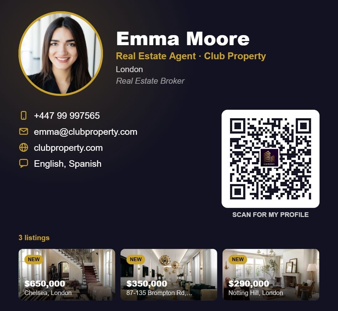 ClubProperty agent profile card with QR code