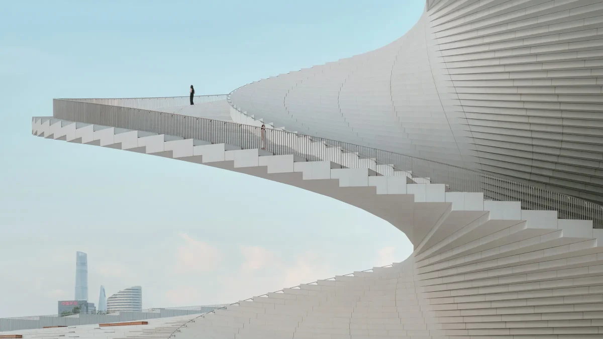 At the Shanghai Grand Opera House, the Gravity-Defying Staircase Was Designed to Look Like a Hand Fan
